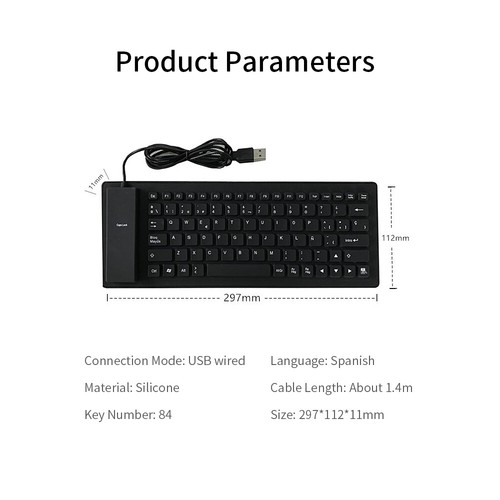 84 Keys Spanish USB Wired Silicone Keyboard Foldable Soft Silicone Waterproo Kit - Picture 10 of 12
