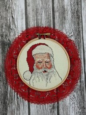 Vintage Round Needlepoint Santa Claus with Red Lace Christmas Decor Ornament