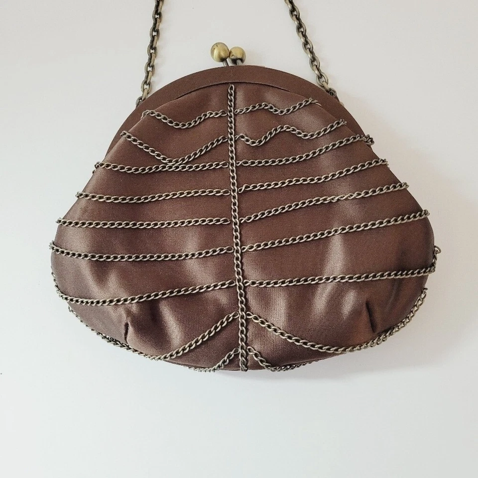 BCBG Maxazria Chocolate Brown Satin Caged Chain Clutch Evening Bag - Image 3 of 4