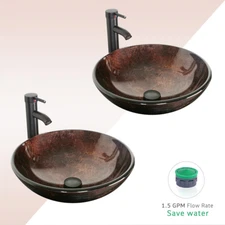 2 PCS Round Bathroom Vessel Sink Faucet Combo W/ Drain Tempered Glass Bowl Top
