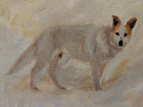 oil painting original on canvas of winter sunset in countryside with white dog. - Picture 9 of 11