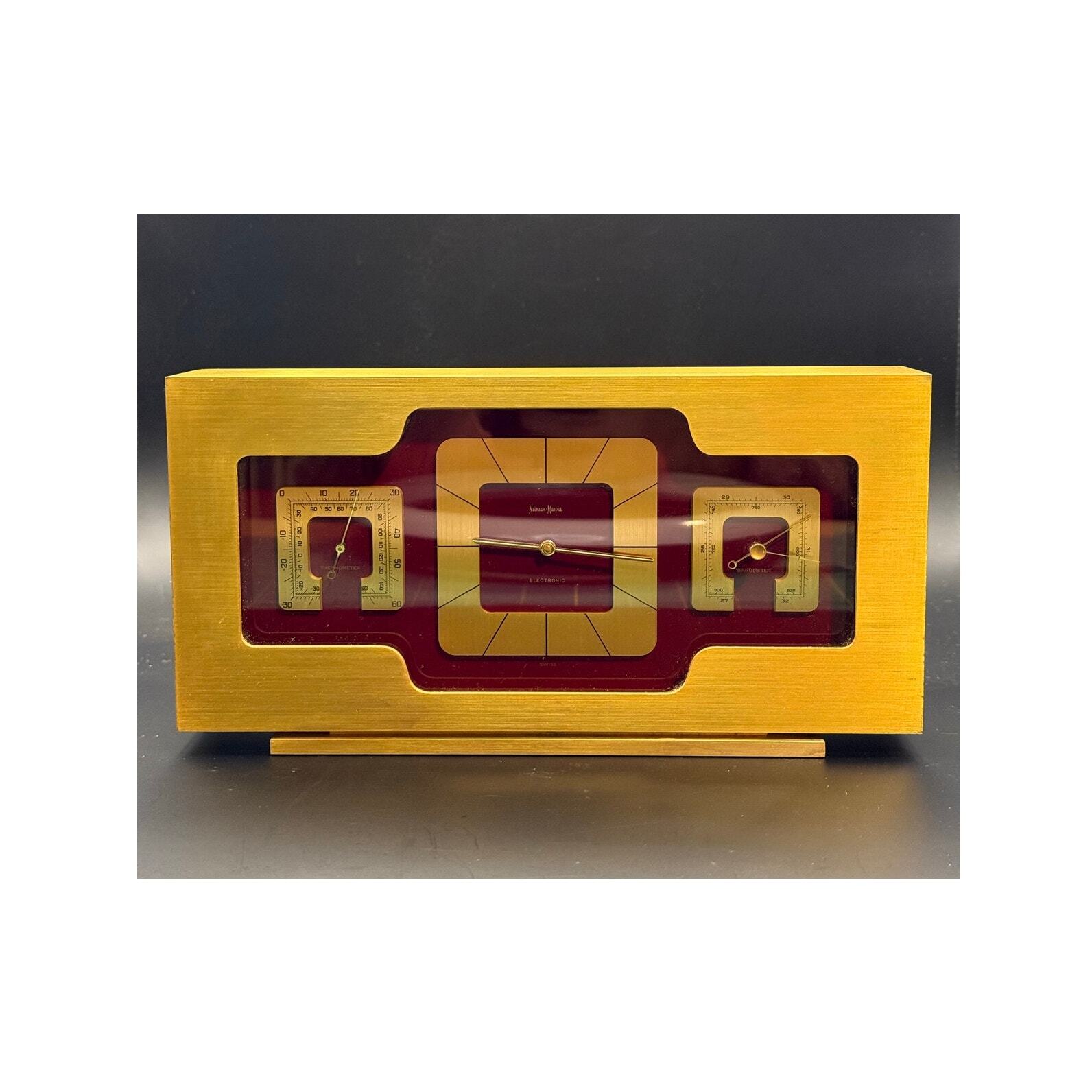 Vintage Swiss Gold Brass Neiman Marcus Mantel Clock - Barometer & Thermometer