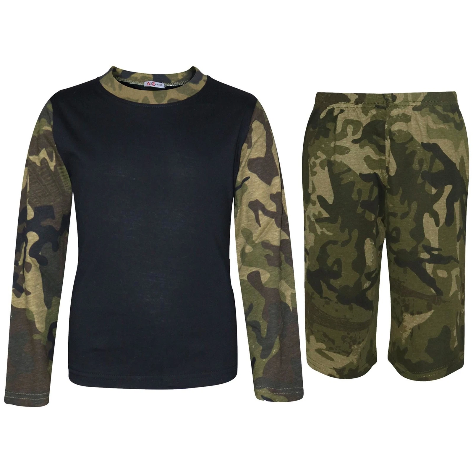 Boys Girls Plain Camo Green T Shirt Top & Shorts Summer Outfit Clothing Set