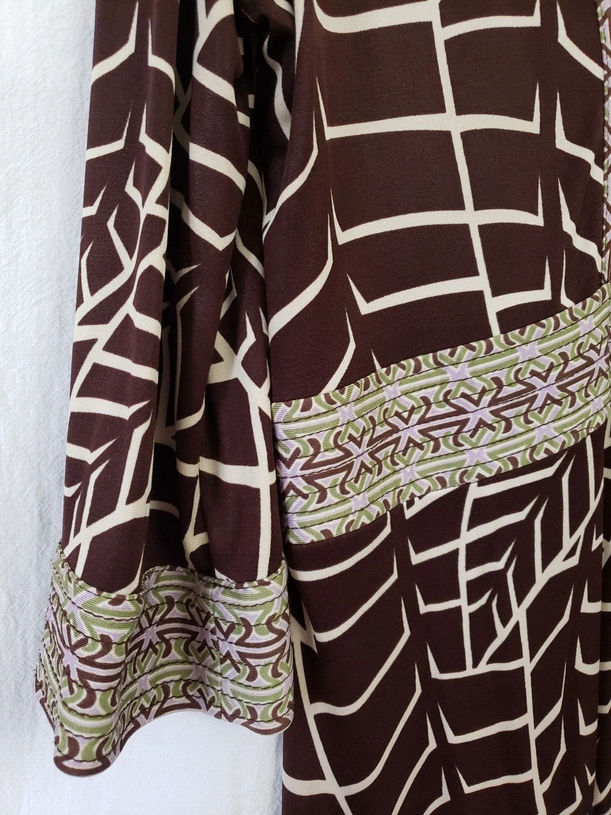 Abito Tory Burch marrone astratto stampa foglia di banana V quarto impero guaina di seta M