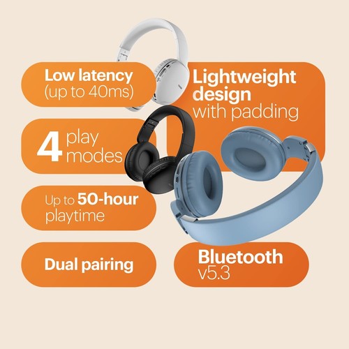 Cuffie On-Ear Wireless con 50 Ore di Riproduzione, Bassa Latenza (fino a 40ms - Foto 2 di 9