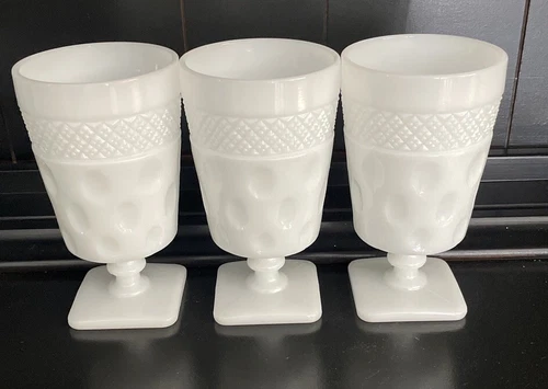 VINTAGE MCKEE MILK GLASS THUMBPRINT PEDESTAL TUMBLERS LOT OF 3