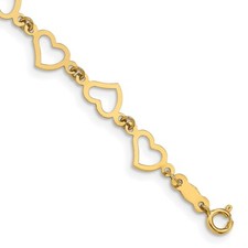 14k Yellow Gold Flat Open Hearts Bracelet 7.5" for Women 1.54g