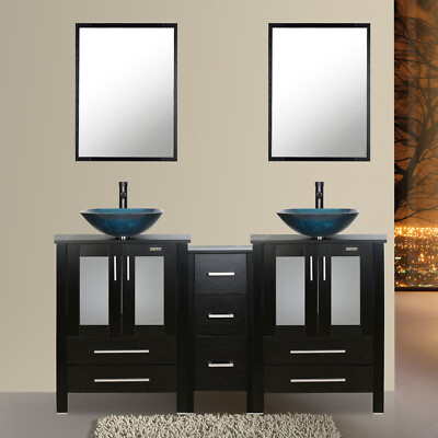 60'' Bathroom Vanity Set Tempered Glass Vessel Sink Cabinet Black Combo No Mirror