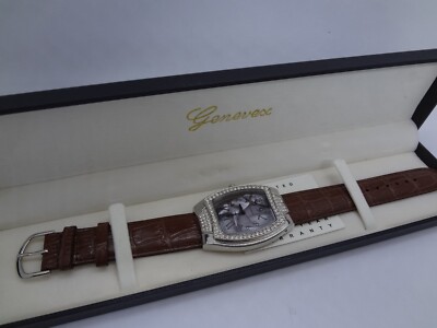 VINTAGE GENEVEX WOMENS QUARTZ WATCH-BROWN LEATHER BAND-BROWN FACE-BLING-NIB