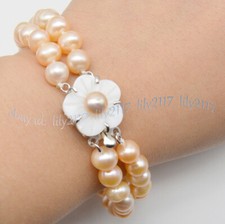 Image of 2 Rows Real Natural Pink Akoya Pearl Bracelet 7.5'' Shell Flower Clasp 7-10mm