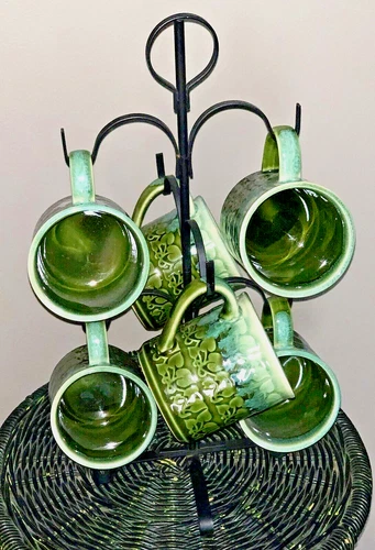 6 Pottery Drip Glaze Patterned Cups Turquoise Aqua Green, Mug Tree Vtg MCM Japan