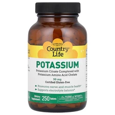 Country Life Potassium 99 mg 250 Tablets Gluten-Free, GMP Quality Assured,
