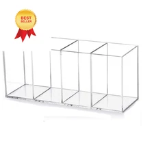 HSYMQ Acrylic Pen Holder 4 Compartments Clear Pencil Transparent 