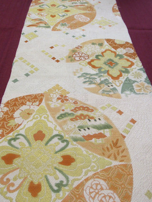 Vintage Floral Temple Kinran Wagara Japanese Obi Fabric Silk 34'' L #231A