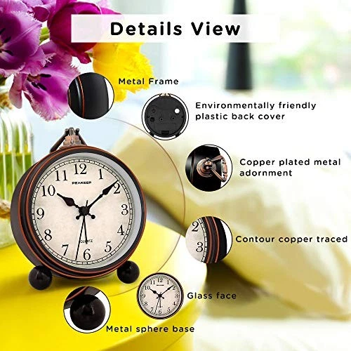 Peakeep 4" Reloj Despertador Analógico Retro Antiguo Funciona con Pilas, Pequeño Silencioso Foto 3 de 4