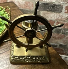 Vintage Heavy Brass Ship Wheel With Compass Pen Holder