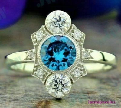 Real Blue Sapphire Ring 14K Gold FN 2Ct Round Cut Art Deco Shield Bezel Vintage