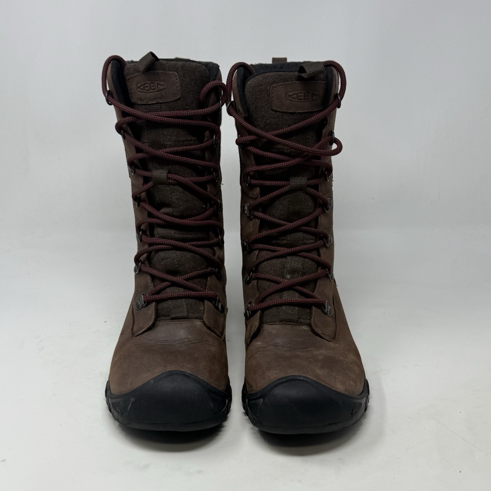 Stivali impermeabili KEEN Greta donna 9 5 pelle marrone isolati metà polpaccio zip laterale
