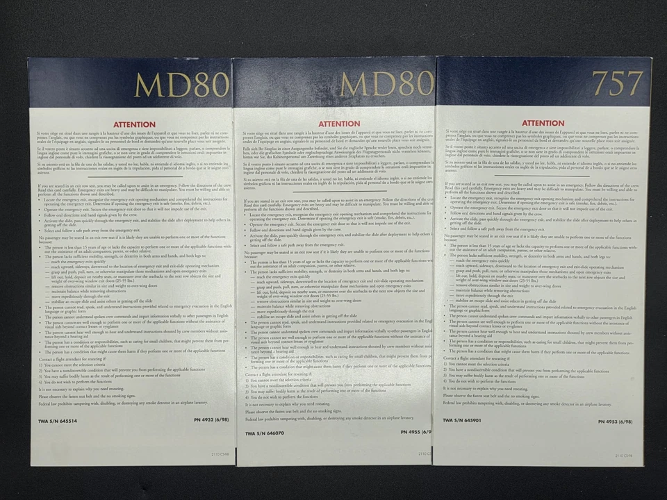 Lote de 3 tarjetas de instrucciones de seguridad TWA Trans World Airways MD 80 / Boeing 757 Foto 2 de 4