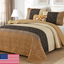 Cottolester Queen Size Fall Quilt Set 3 Pieces Brown Striped Bedspread Boho Plai