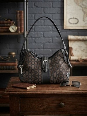 Fossil Brown/Black Monogram Crescent Shoulder Bag Medium Zip Top Buckle, Key