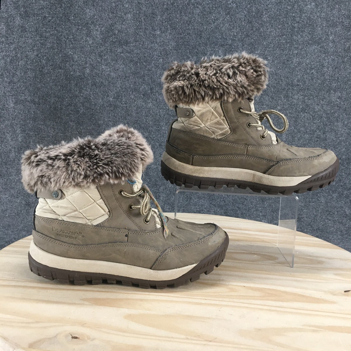 Bearpaw Boots Womens Becka Snow Beige Lace Up Faux Fur Lined Lace Up  Comfort