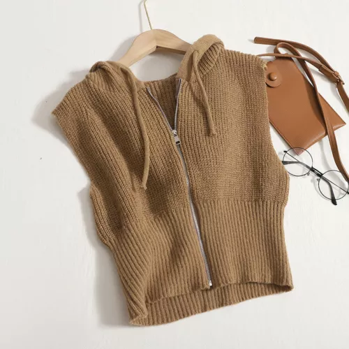 Women Knitted Waistcoat Gilet Zipper Crop Cardigan Hooded Vest Top Hooded Casual - Picture 9 of 19