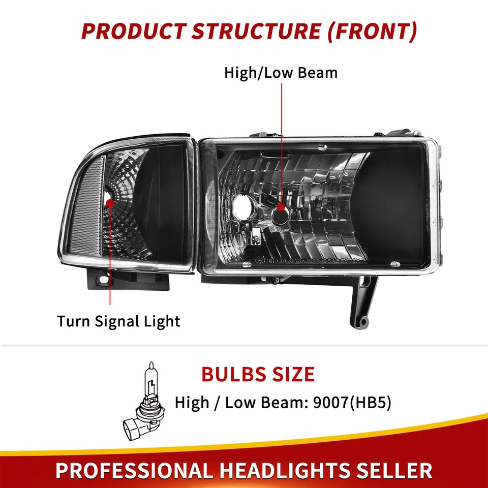 For 1994-2002 Dodge Ram 1500 2500 3500 Black Headlights Assembly Clear Corner - Image 4 of 4