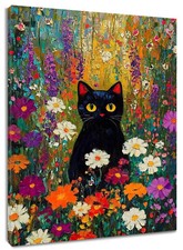 Black Cat Spring Botanical Wildflower Abstract Wall Art for Bathroom Living Room