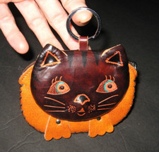 Tooled Leather CAT Face Zippered Coin Purse With Magnetic Flap  Key Ring