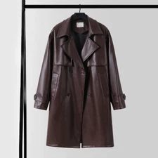 Spring Autumn PU Leather Trench Coat Mens Long Korean Loose Casual Commuter Coat