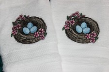 Robin's Nest Bird Spring Bathroom Hand Towel Set EMBROIDERED