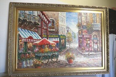 J Burnett Artist Paris France Street Scene Oil Painting on Canvas