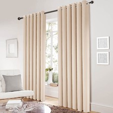 Plain Blackout Ring Top Curtains Eyelet Ready Made Thick Curtain Pair +Tie Backs