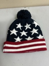 American Flag Beanie Hat Snow Winter Cap Pom Pom Red White Blue Old Navy