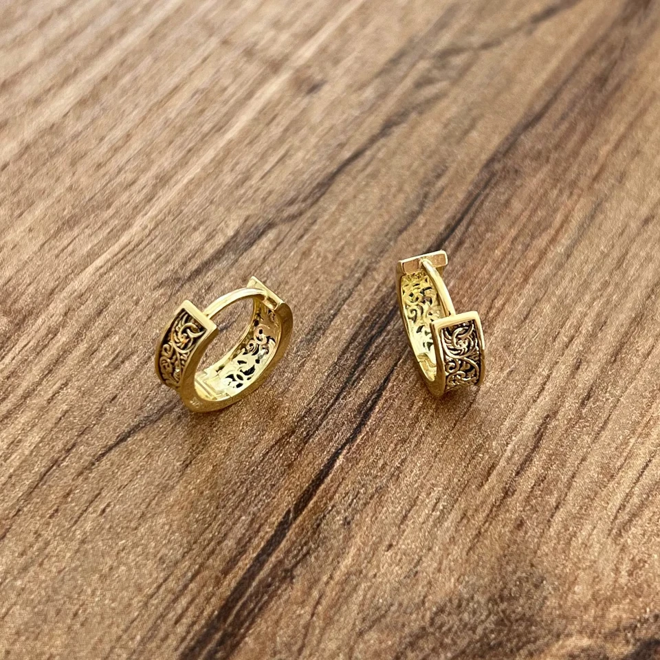Floral Men's Earrings Hoop Earrings Minimalist Earring Gold Plated Gifts Earring - Image 2 of 4