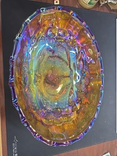 Vintage Indiana Glass Large Amber Carnival Glass Footed Oval Harvest Fruit Bowl