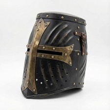 Medieval Crusader Great Helm Helmet  Blackened Steel Templar Armor with Brass