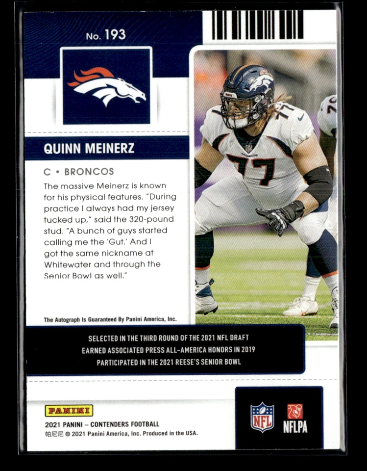 Quinn Meinerz 2021 Contenders Rookie Ticket RC Auto - Image 2 of 2