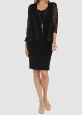 R M Richards Women's Black Glitter Lace Jacket Necklace Dress Size 12