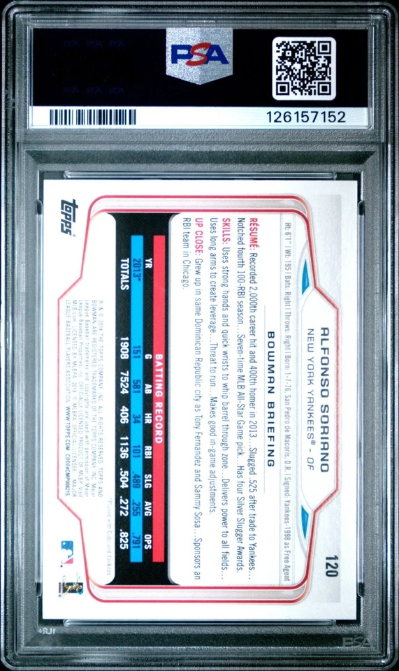 2014 Topps Bowman Silver Ice Alfonso Soriano #120 Yankees PSA 10 (Pop 1) - Image 3 of 3