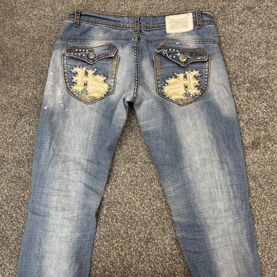 Y2K Vintage Low Rise Slim Straight Leg Bootcut Jeans Faded Denim Strass