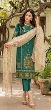 3-Piece Green Party Wear Dress Pakistani/Indian, 3-Piece XS S M L Xl