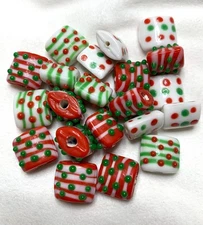21 Handmade Lampwork Glass Christmas Beads -Red, Green, White Pillows,  Presents