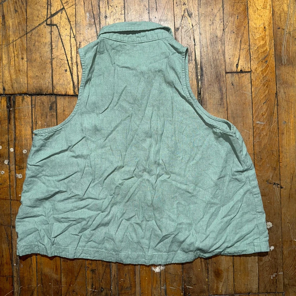 Gap背心女式中号绿色纯色亚麻无袖领纽扣前襟 — 第 2/4 张图片