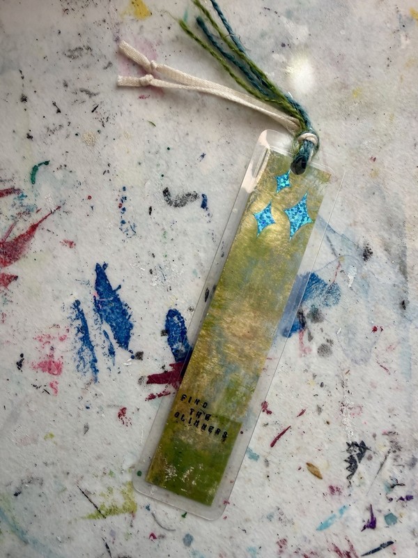 Laminated painted Rectangle Bookmark with Tassel, Green Gold Blue Star Pattern