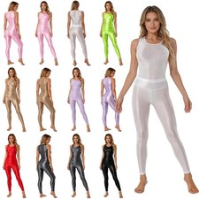 Women Shiny Metallic Sleeveless Tank Top 2Piece Outfit Rave Yoga Dance Tracksuit