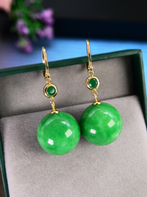 Dry Green Jade Earrings, Atmospheric Round Earrings, 14K Gold Plated -