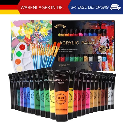 ARTKUNST Acrylfarben Set, 24 x 36 ML Acrylfarbenset mit 10 Pinseln für Leinwand