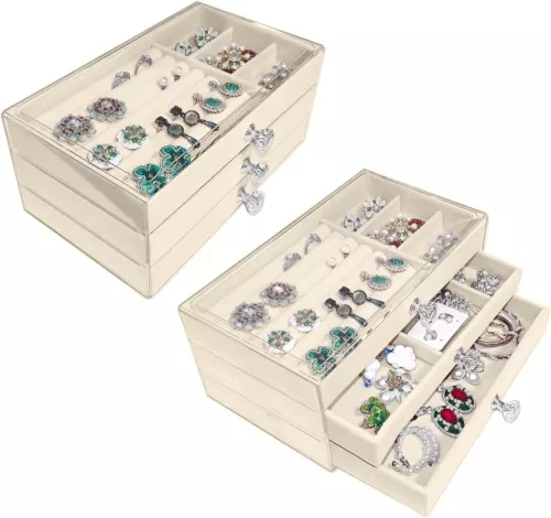 Acrylic Jewelry Organizer 3 Drawers Storage Transparent Jewelry Display Beige X - Picture 13 of 15
